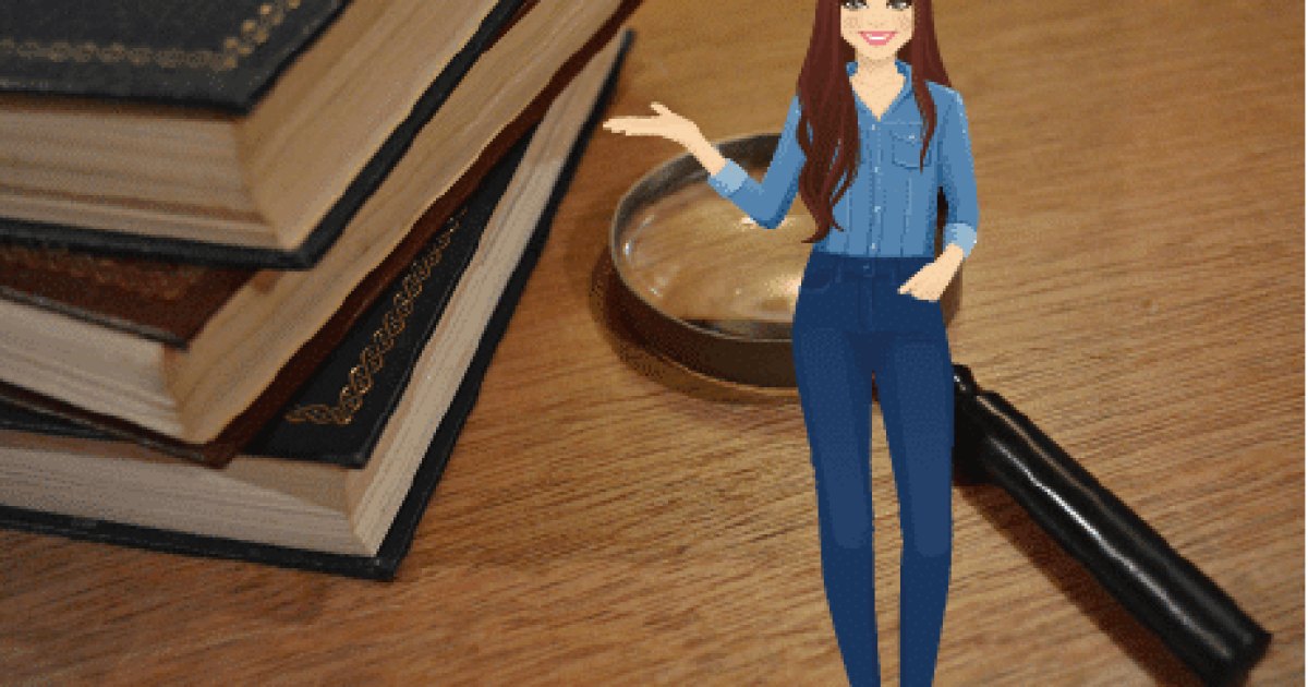 Femme avec des livres et une loupe.