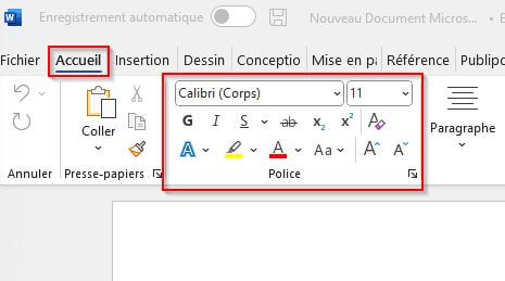 Menu du choix de la police d’écriture