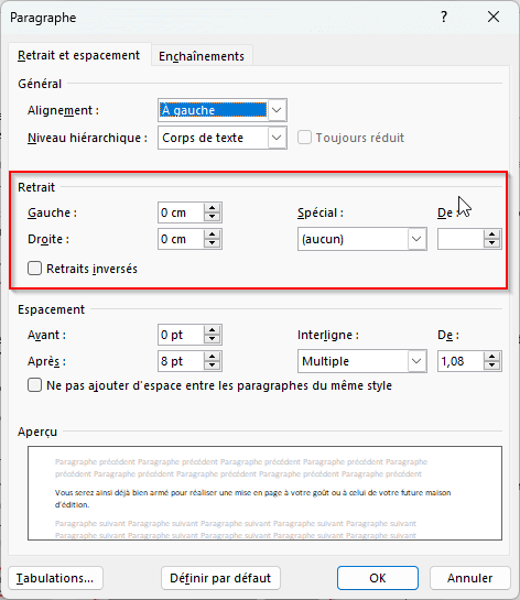 Options de retrait du paragraphe
