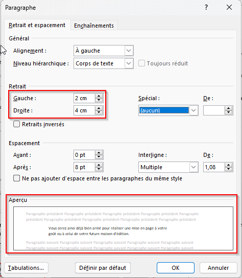Effet du retrait sur le texte