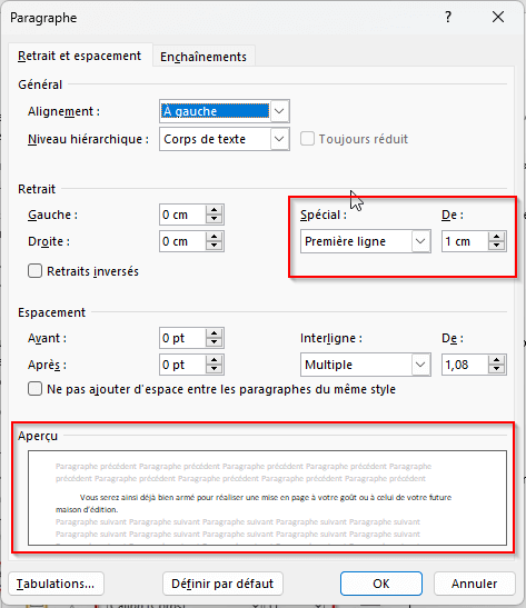 Retrait de première ligne du paragraphe