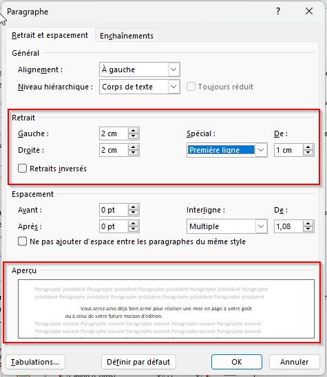 Retrait combiné sur le paragraphe