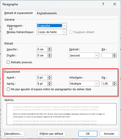 Espacement avant, après et interligne