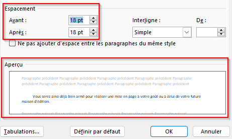 Effet de l’espacement avant et après
