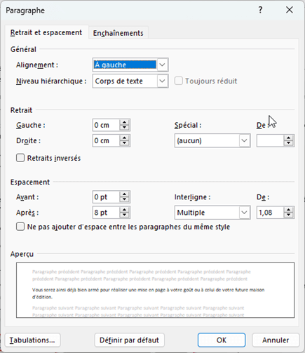 Boîte de dialogue des paramètres du paragraphe