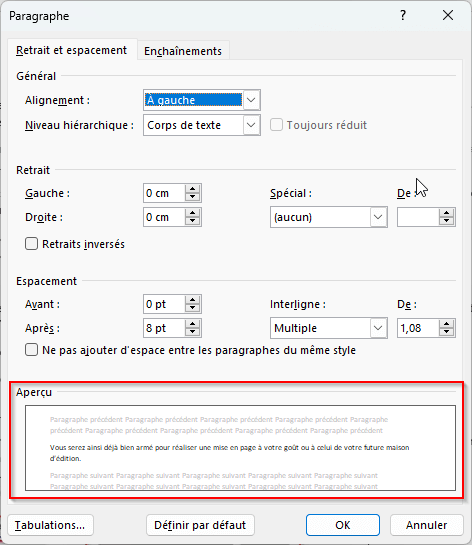Aperçu des paramètres du paragraphe