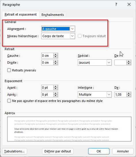 Alignement à gauche du paragraphe